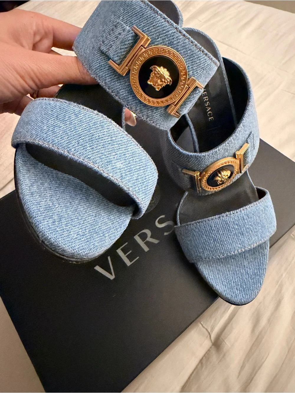 Versace Light Blue Denim Double-Band Slide Heels with Gold Medusa